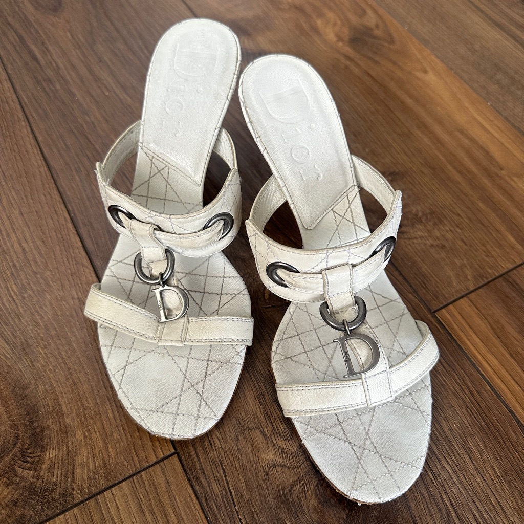 Dior Vintage Sandals Size 7.5 White And Silver Designer Heels Shoes